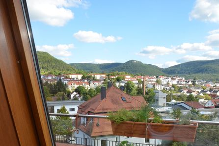 Blick durch Dachfenster auf Stadt, Schale Birnen und Topfpflanze